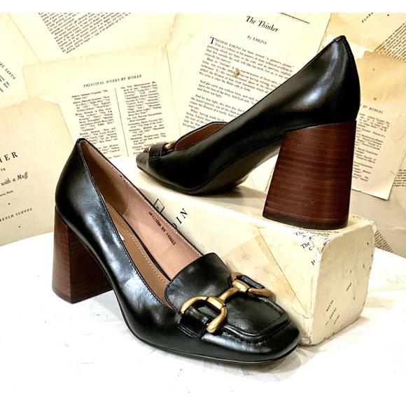 Anthropologie Bibi Lou Zagred Wood Stacked Heel Black Leather - Picture 5 of 11